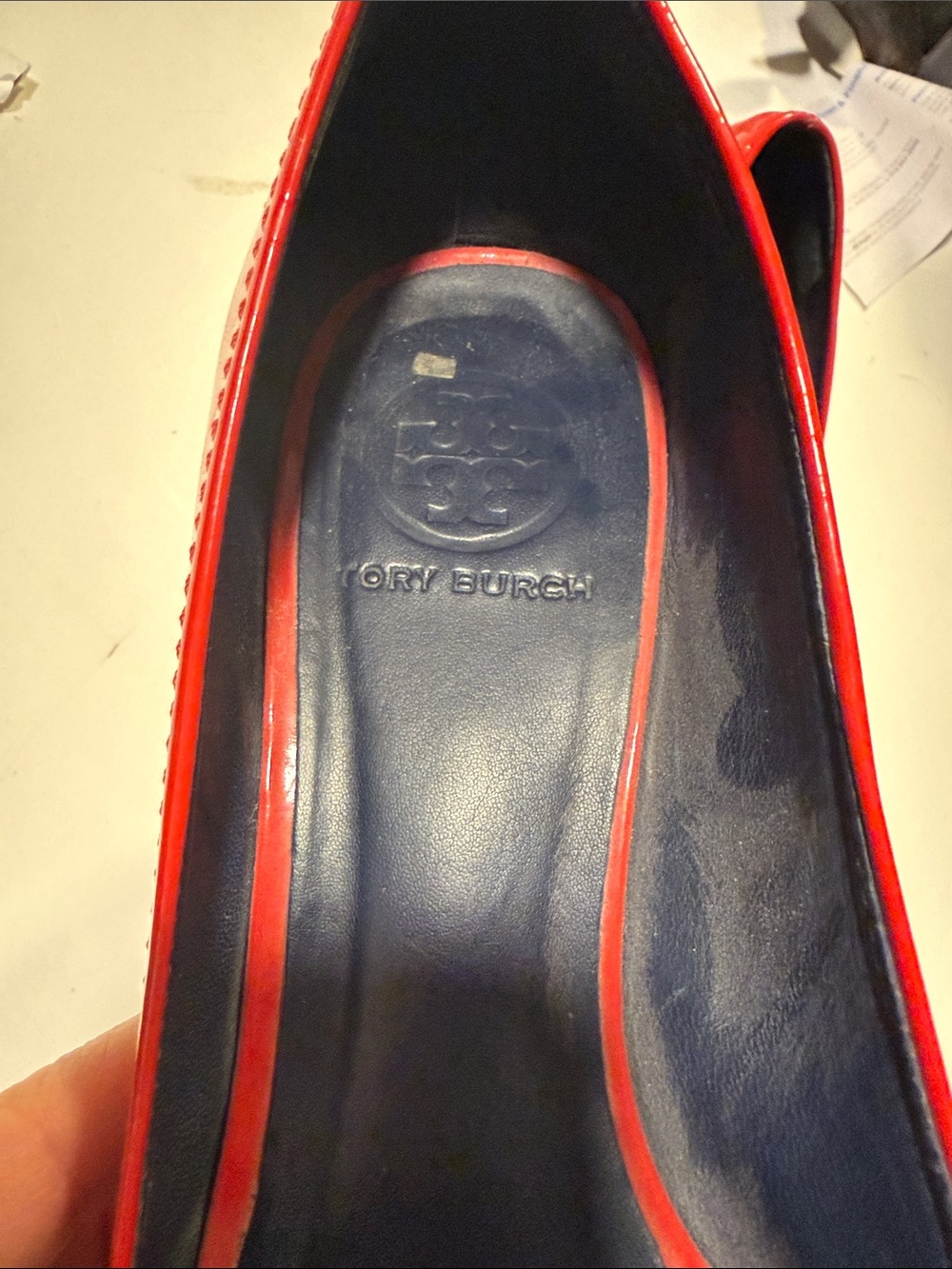Tory Burch Red Patent Leather Logo Loafers with Gold Accent - Picture 3 of 5
